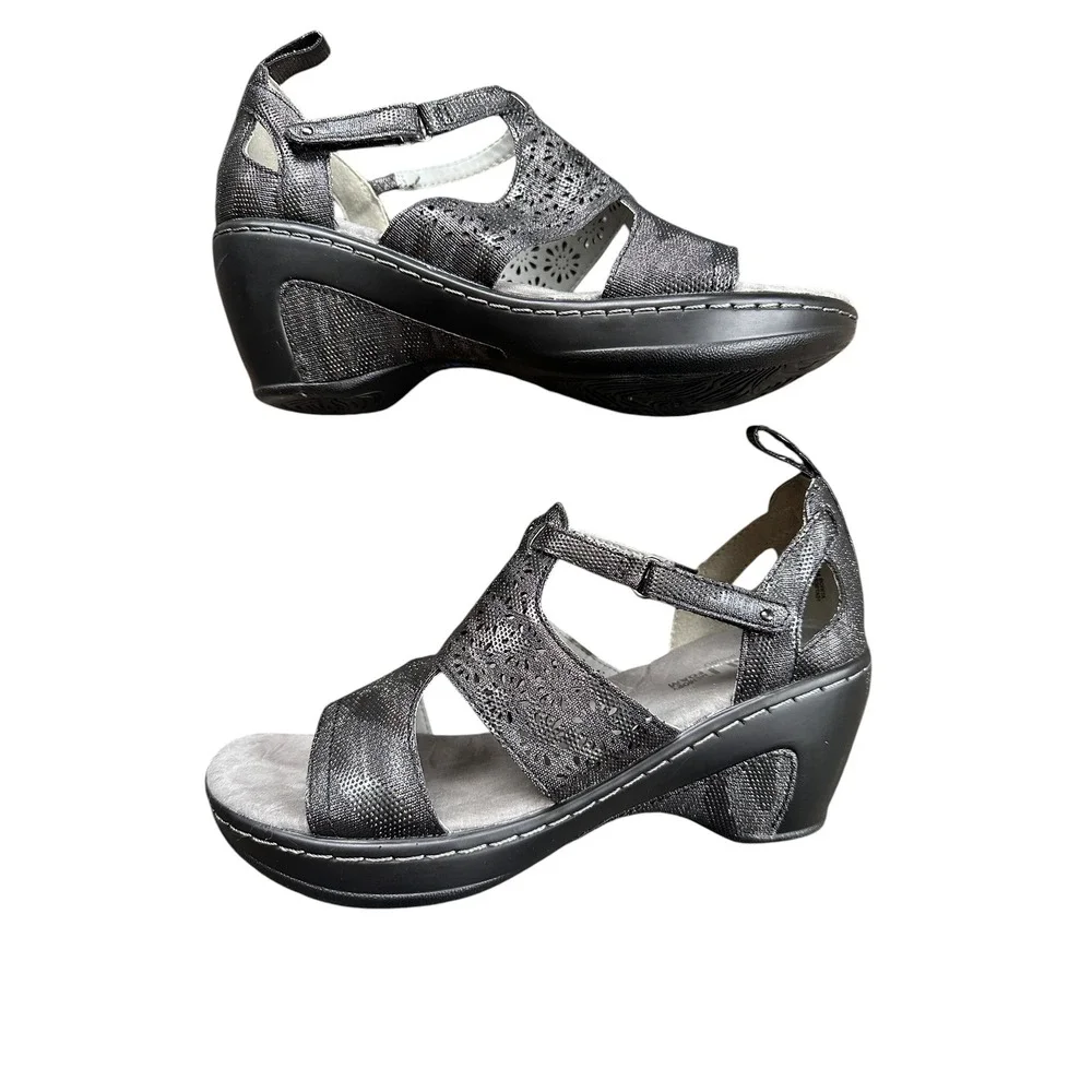 JBU‎ Jambu Wedge Sandals Women 7.5 Metallic Pewter Excellent Laser Cut Shimmer